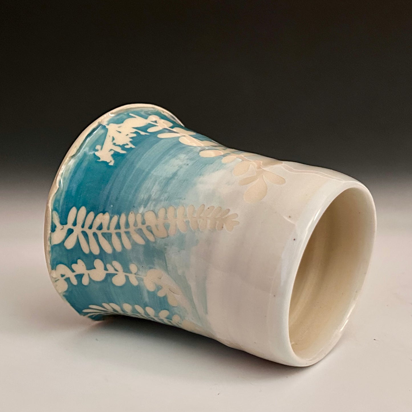 Ceramic Cup Turquoise and White Fern Eucalyptus Moon A2434