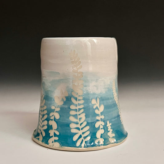 Ceramic Cup Turquoise and White Fern Eucalyptus Moon A2434