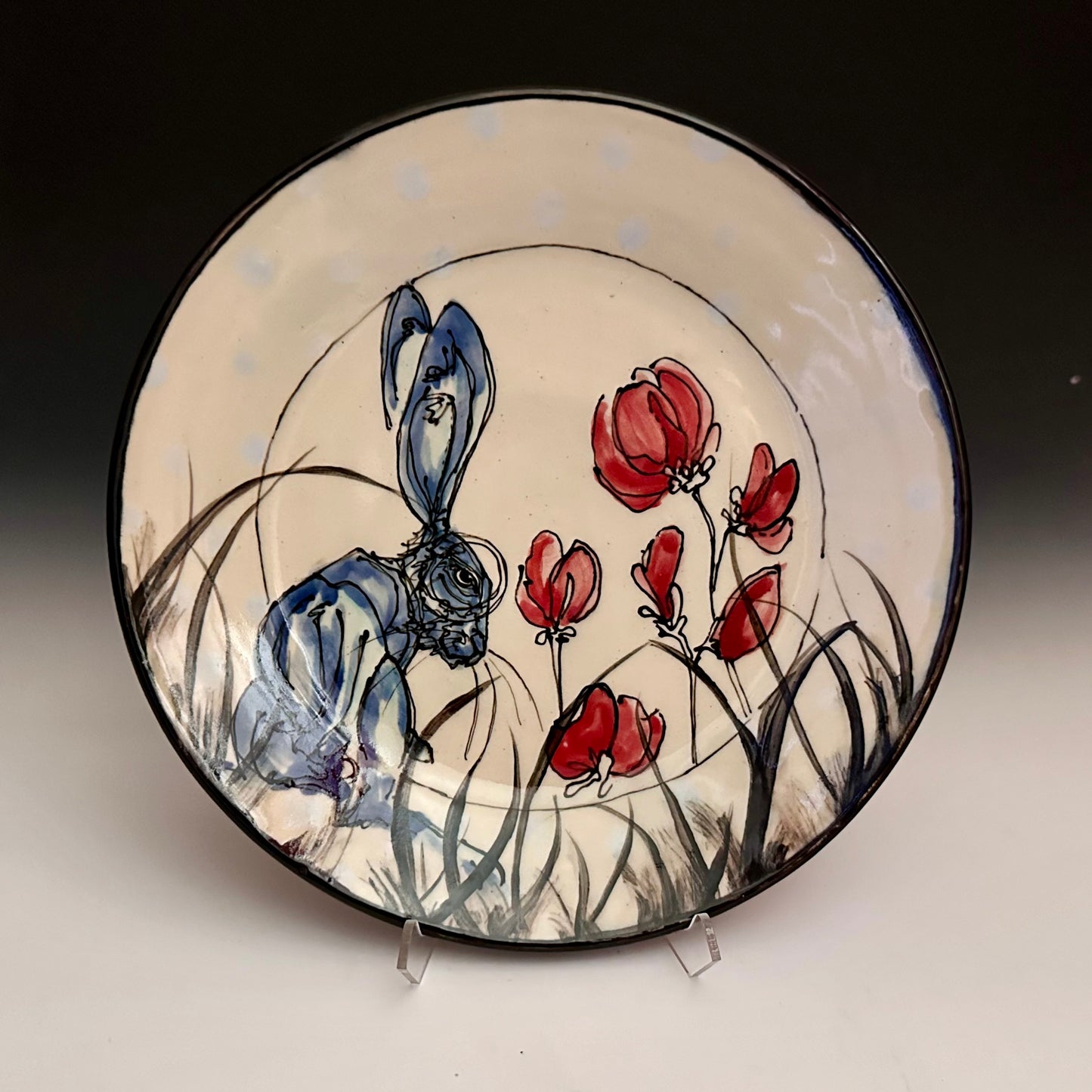 Hand Illustrated Dinner Plate Bunny Rabbit Poppy Plate