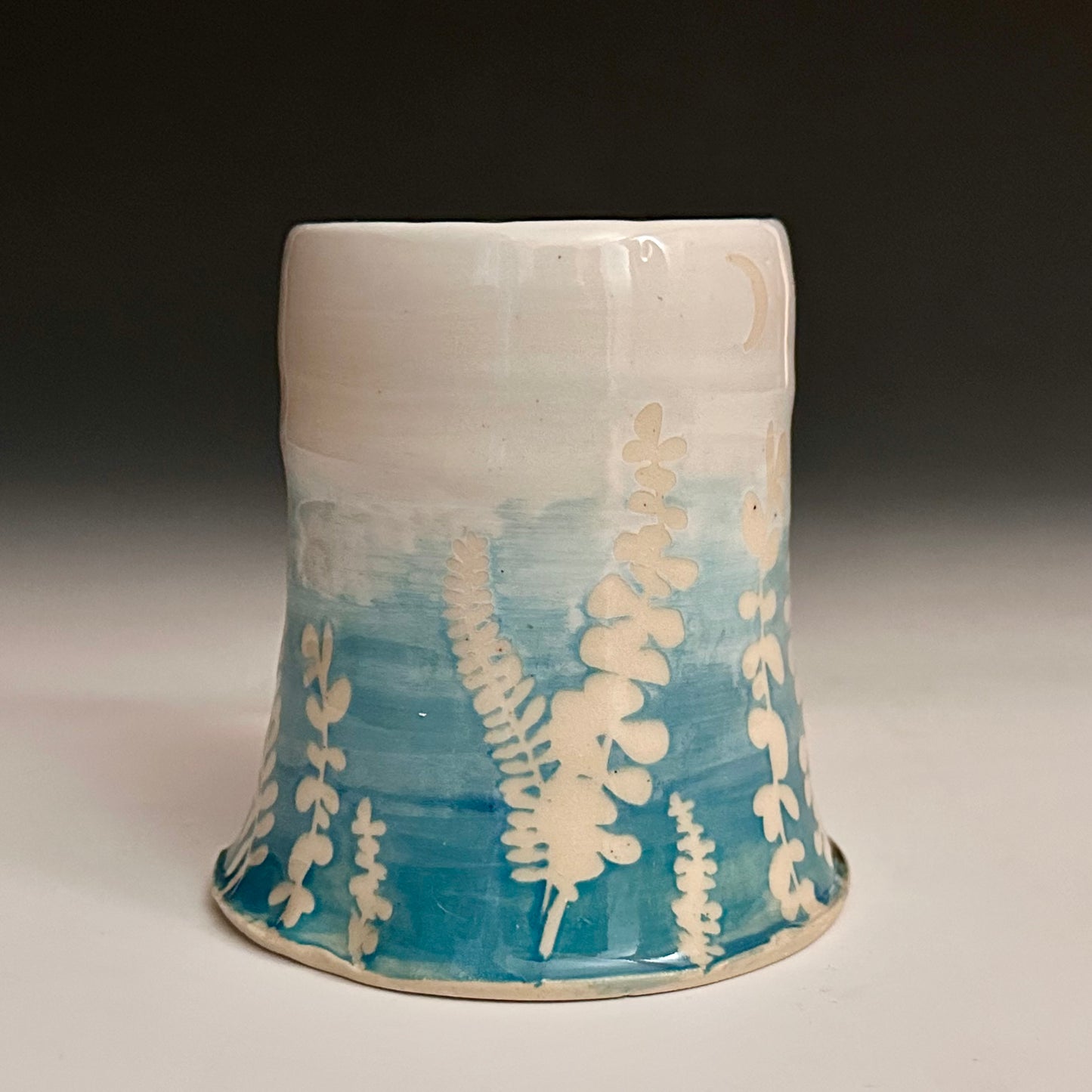 Ceramic Cup Turquoise and White Fern Eucalyptus Moon A2434