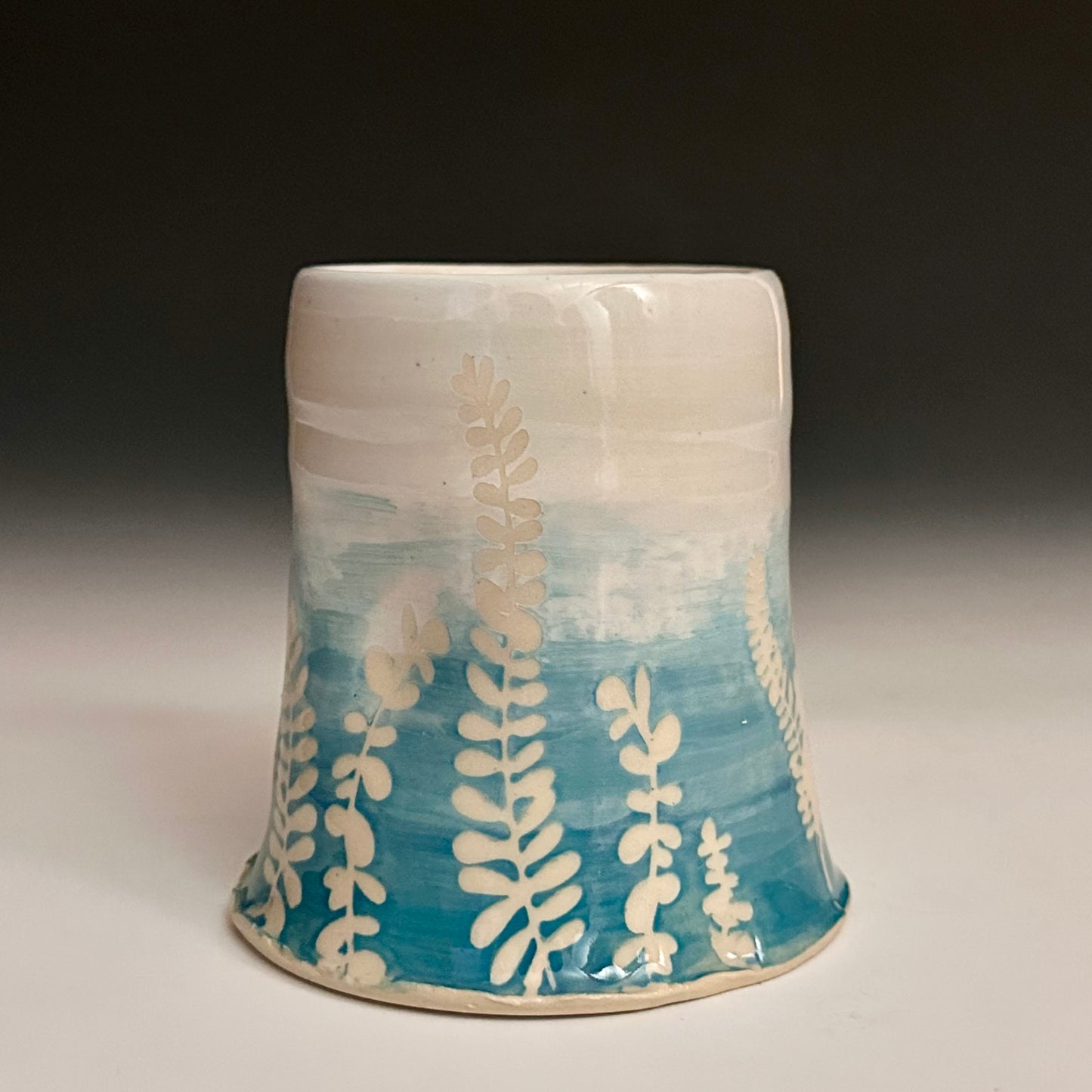 Ceramic Cup Turquoise and White Fern Eucalyptus Moon A2434