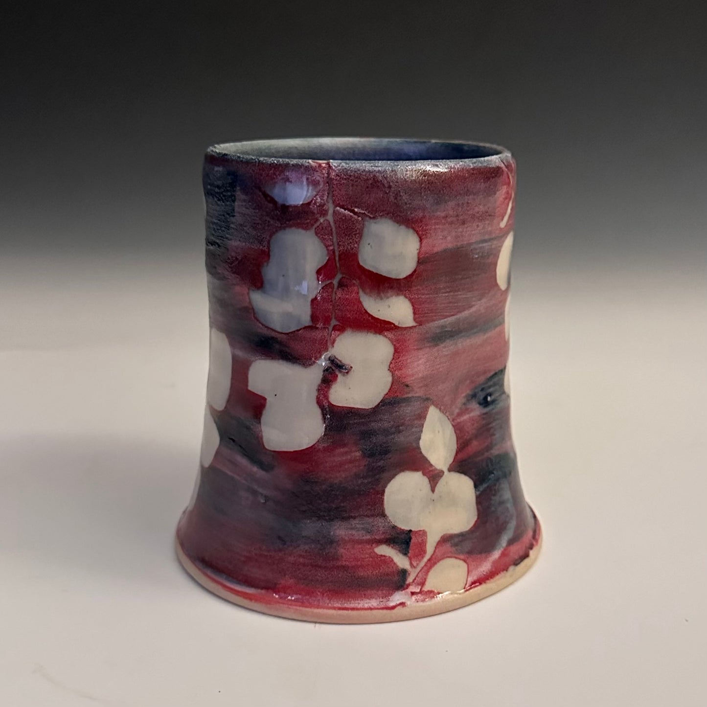 Ceramic Cup Red Blue and White  Aspen Leaves  A2411