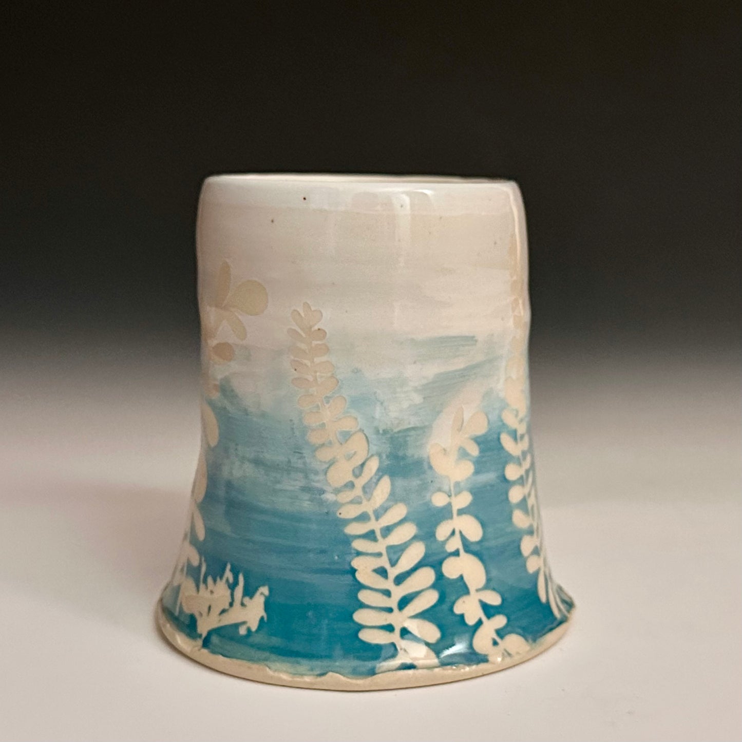 Ceramic Cup Turquoise and White Fern Eucalyptus Moon A2434