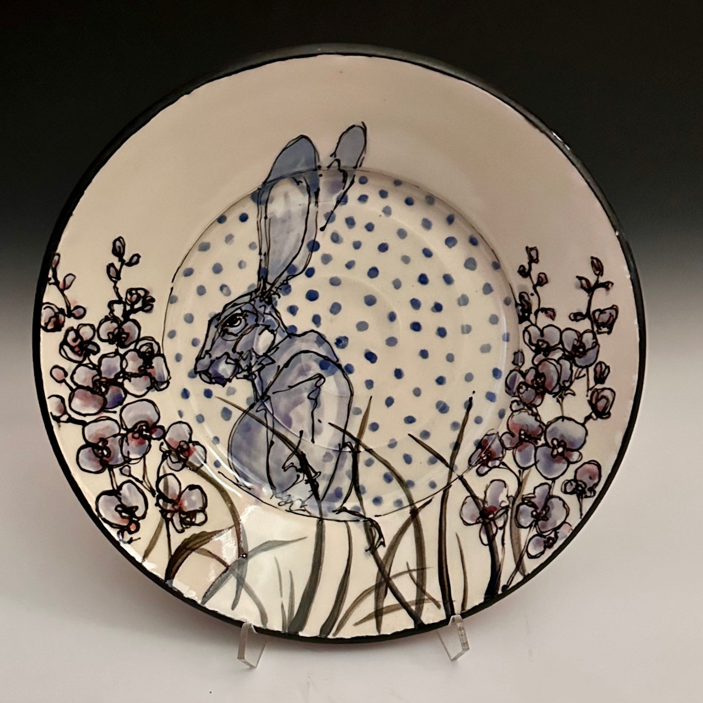 Illustrated Dinner Plate Rabbit Magnolia Dots