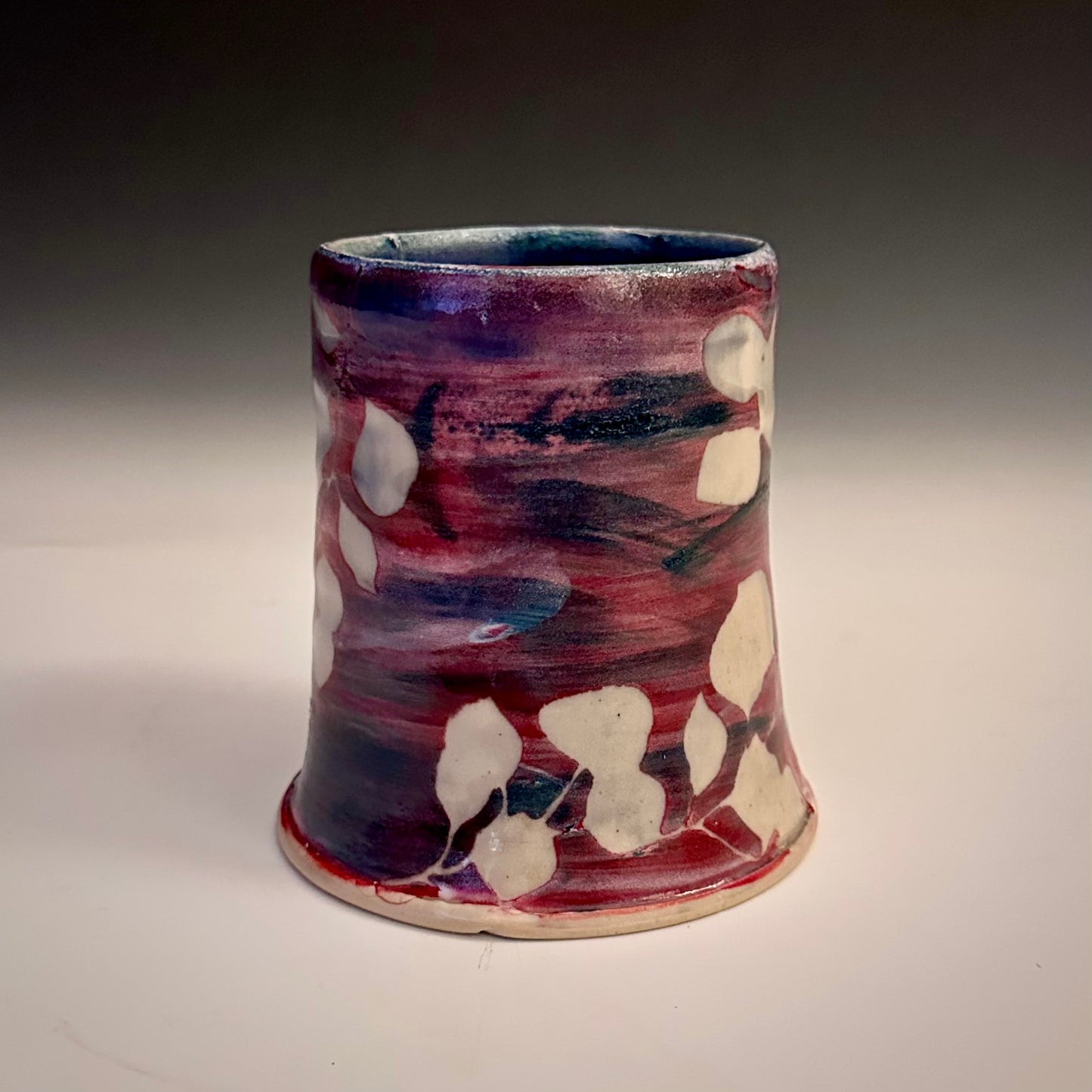 Ceramic Cup Red Blue and White  Aspen Leaves  A2411