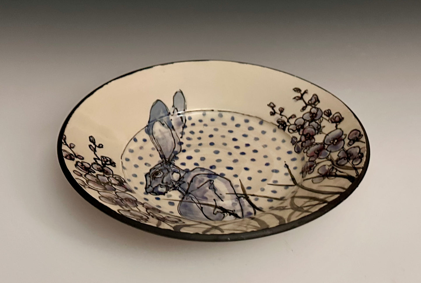 Illustrated Dinner Plate Rabbit Magnolia Dots