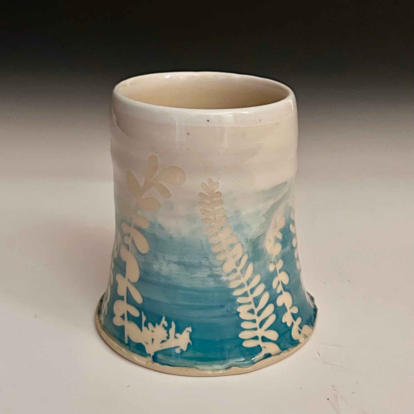 Ceramic Cup Turquoise and White Fern Eucalyptus Moon A2434