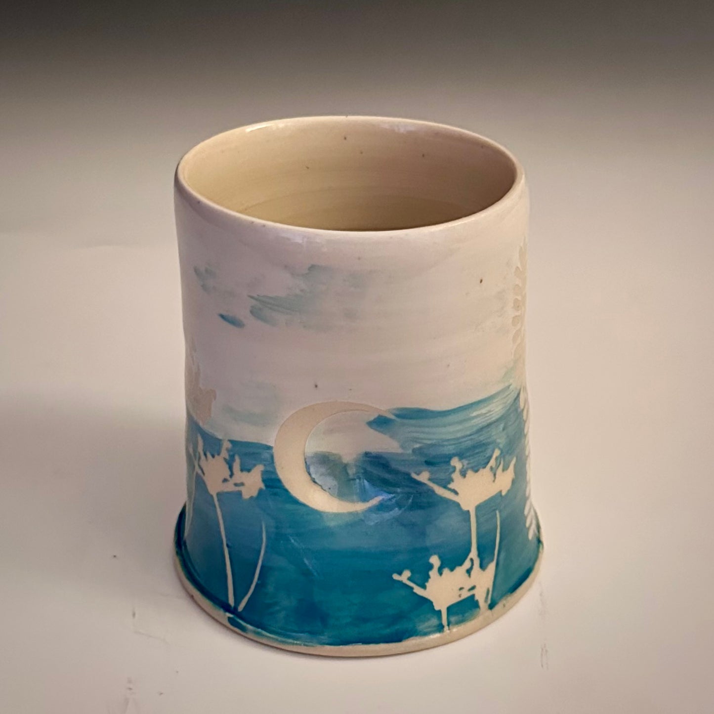 Ceramic Cup Turquoise and White Eucalyptus Fern Dandelion Moon A2407