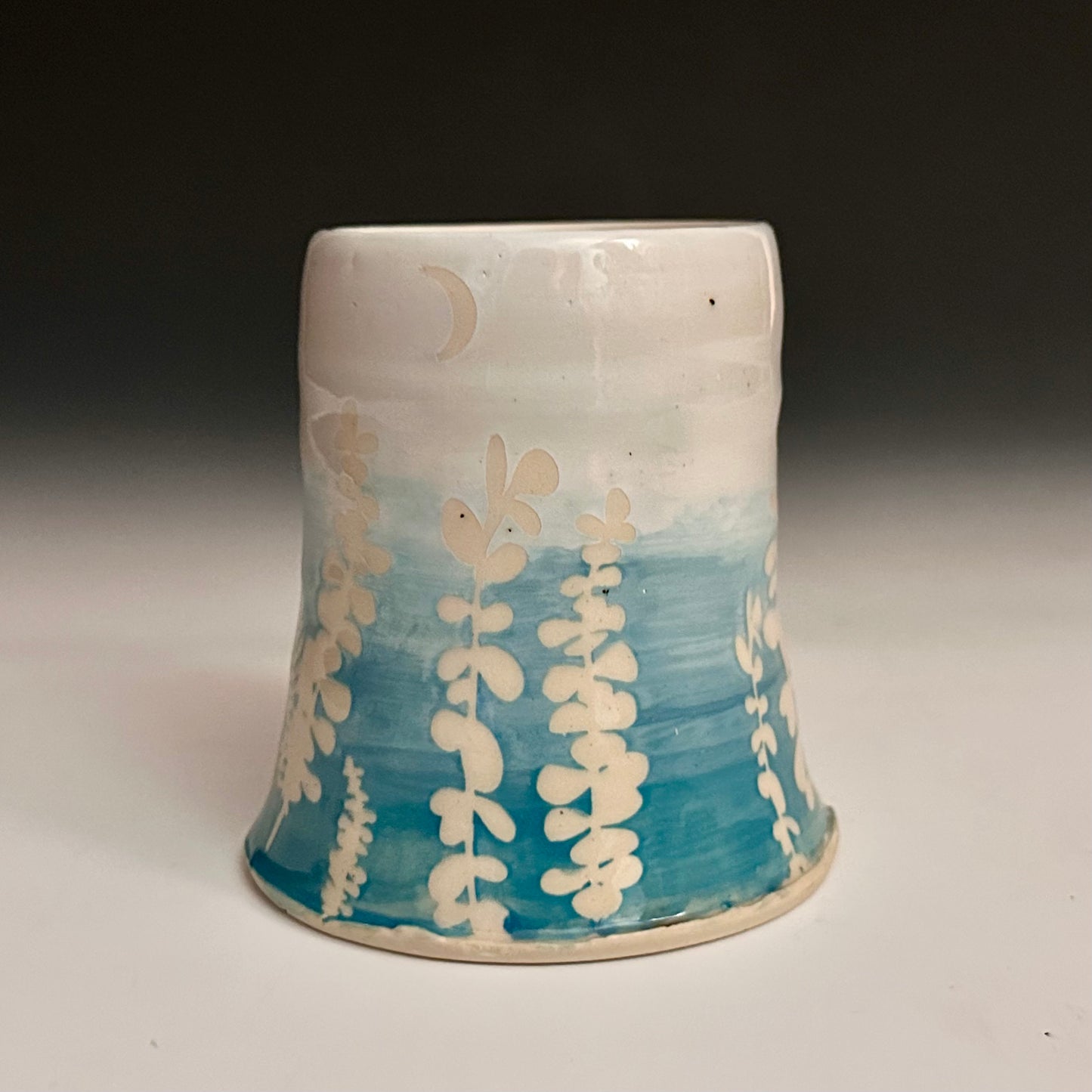 Ceramic Cup Turquoise and White Fern Eucalyptus Moon A2434