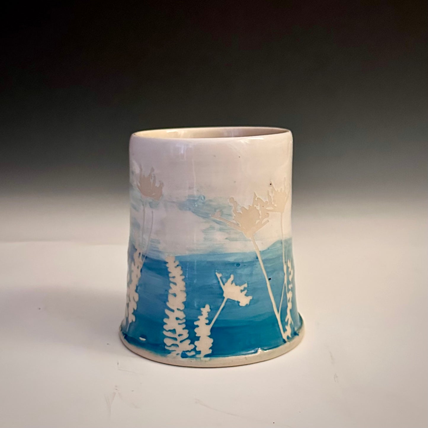 Ceramic Cup Turquoise and White Eucalyptus Fern Dandelion Moon A2407