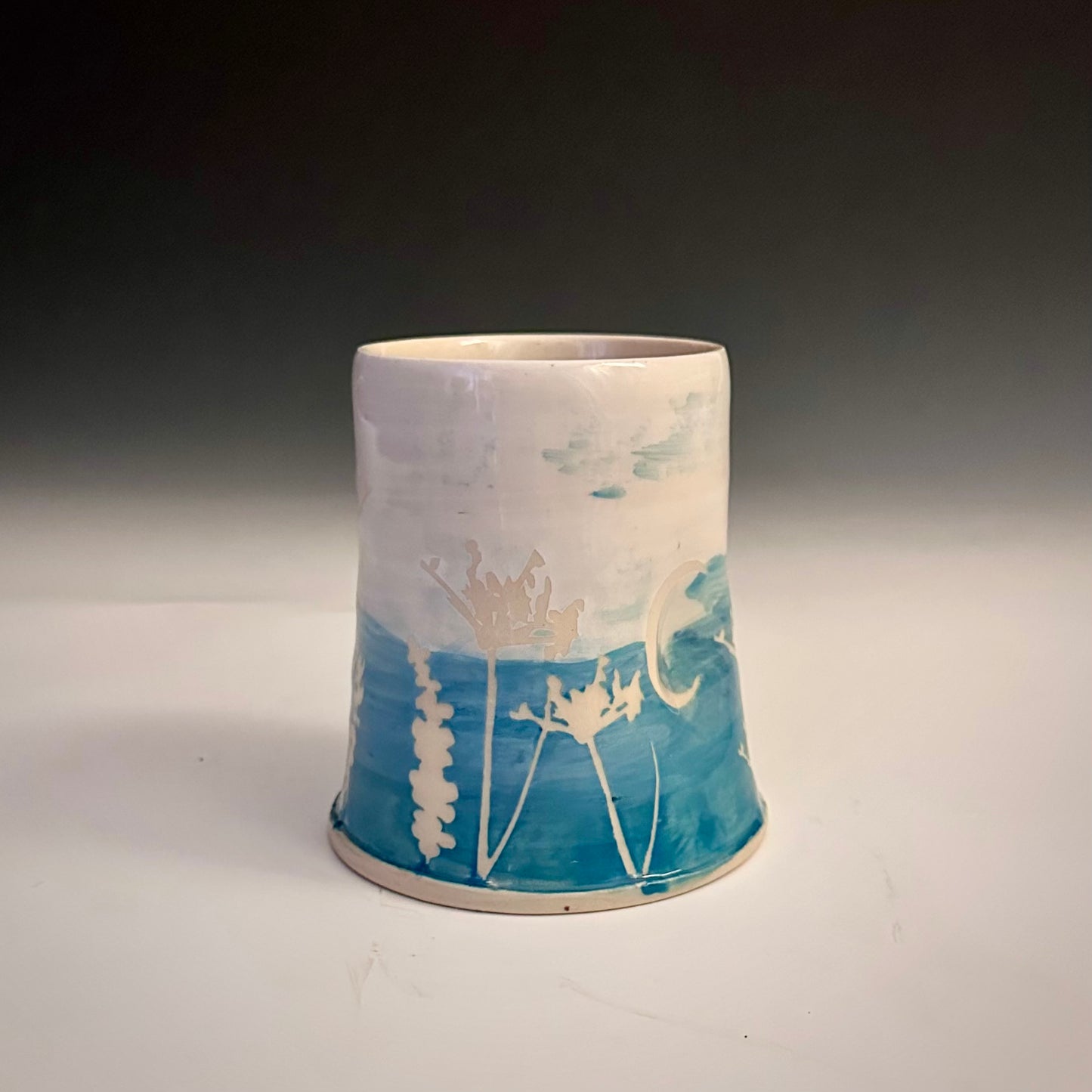 Ceramic Cup Turquoise and White Eucalyptus Fern Dandelion Moon A2407