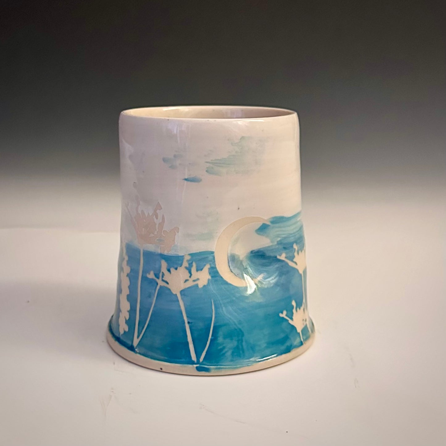 Ceramic Cup Turquoise and White Eucalyptus Fern Dandelion Moon A2407