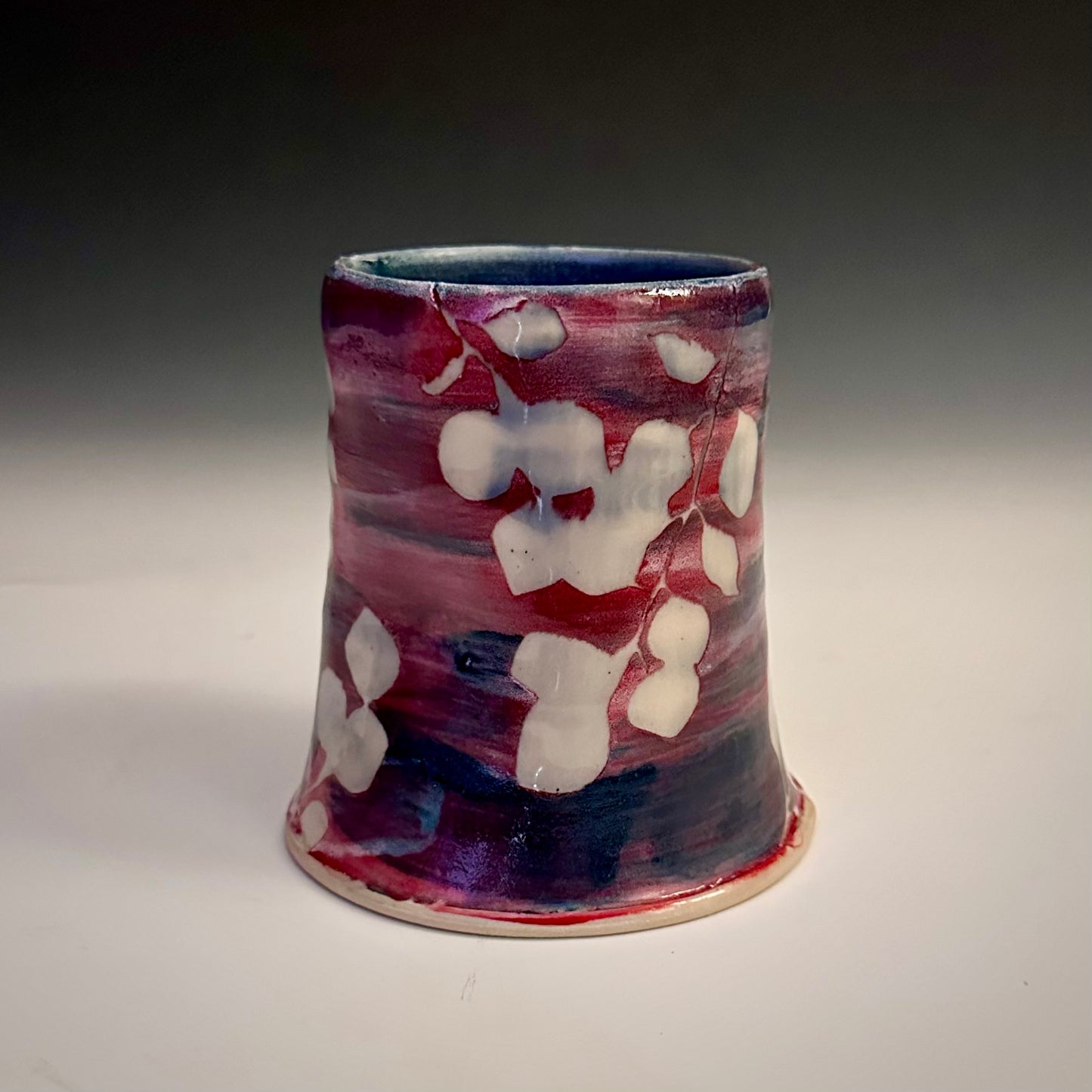 Ceramic Cup Red Blue and White  Aspen Leaves  A2411