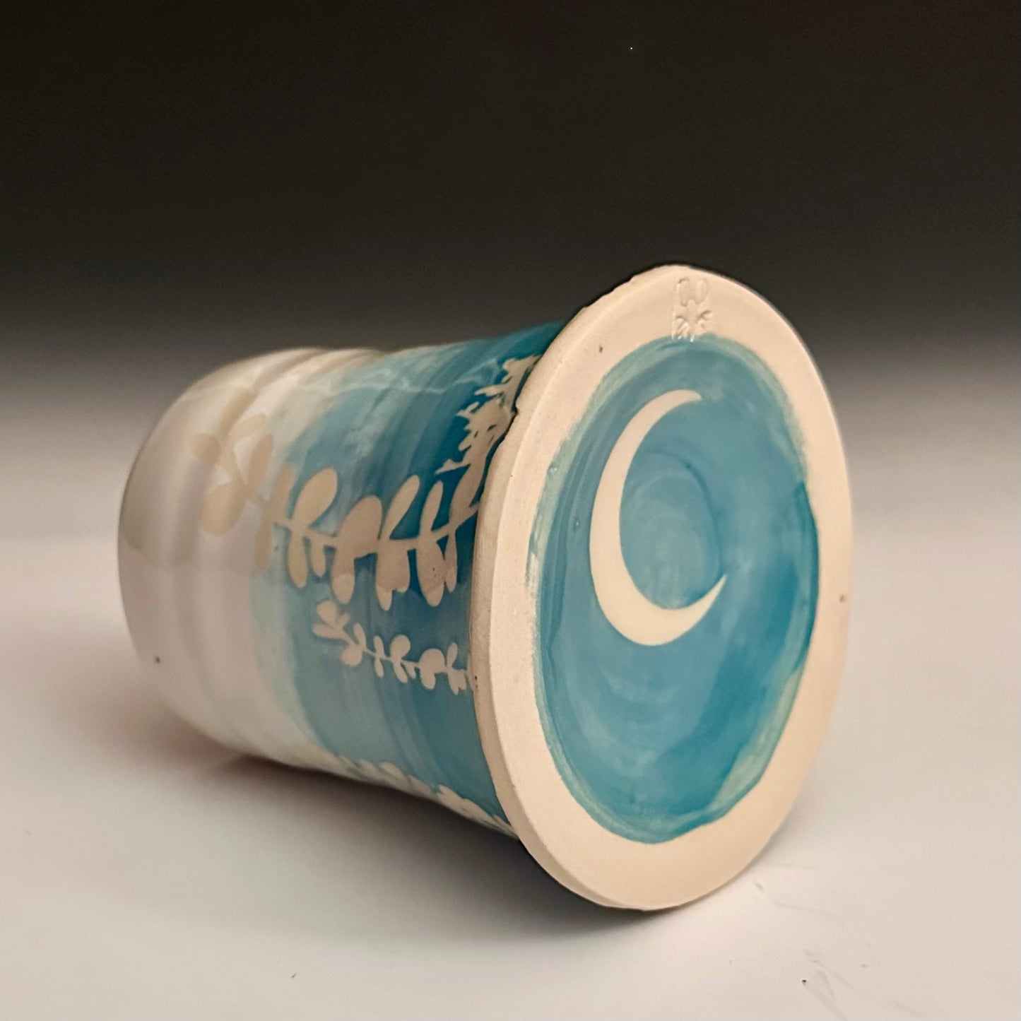 Ceramic Cup Turquoise and White Fern Eucalyptus Moon A2434