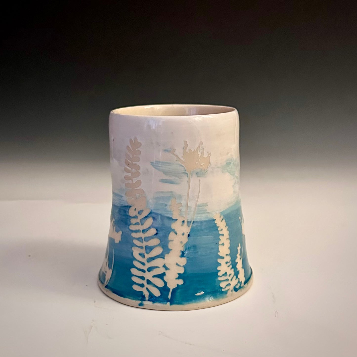 Ceramic Cup Turquoise and White Eucalyptus Fern Dandelion Moon A2407