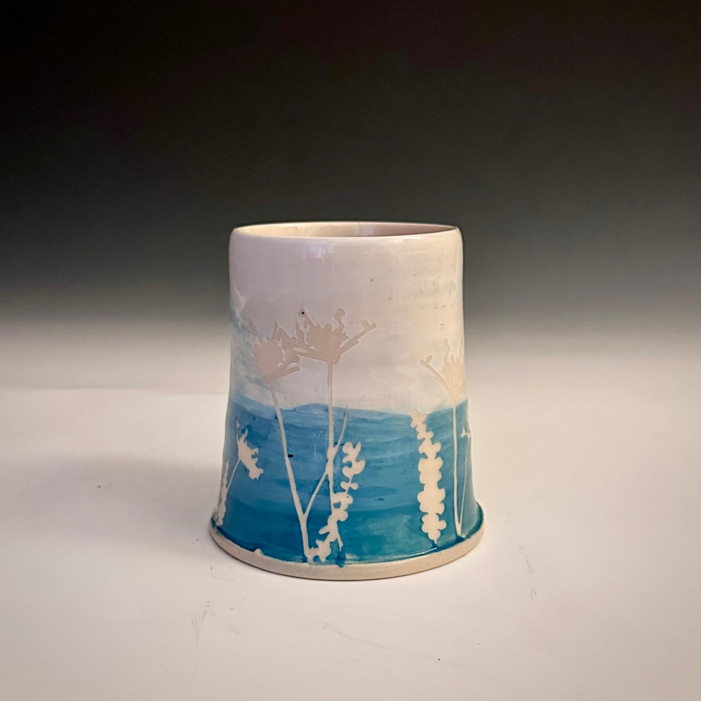 Ceramic Cup Turquoise and White Eucalyptus Fern Dandelion Moon A2407