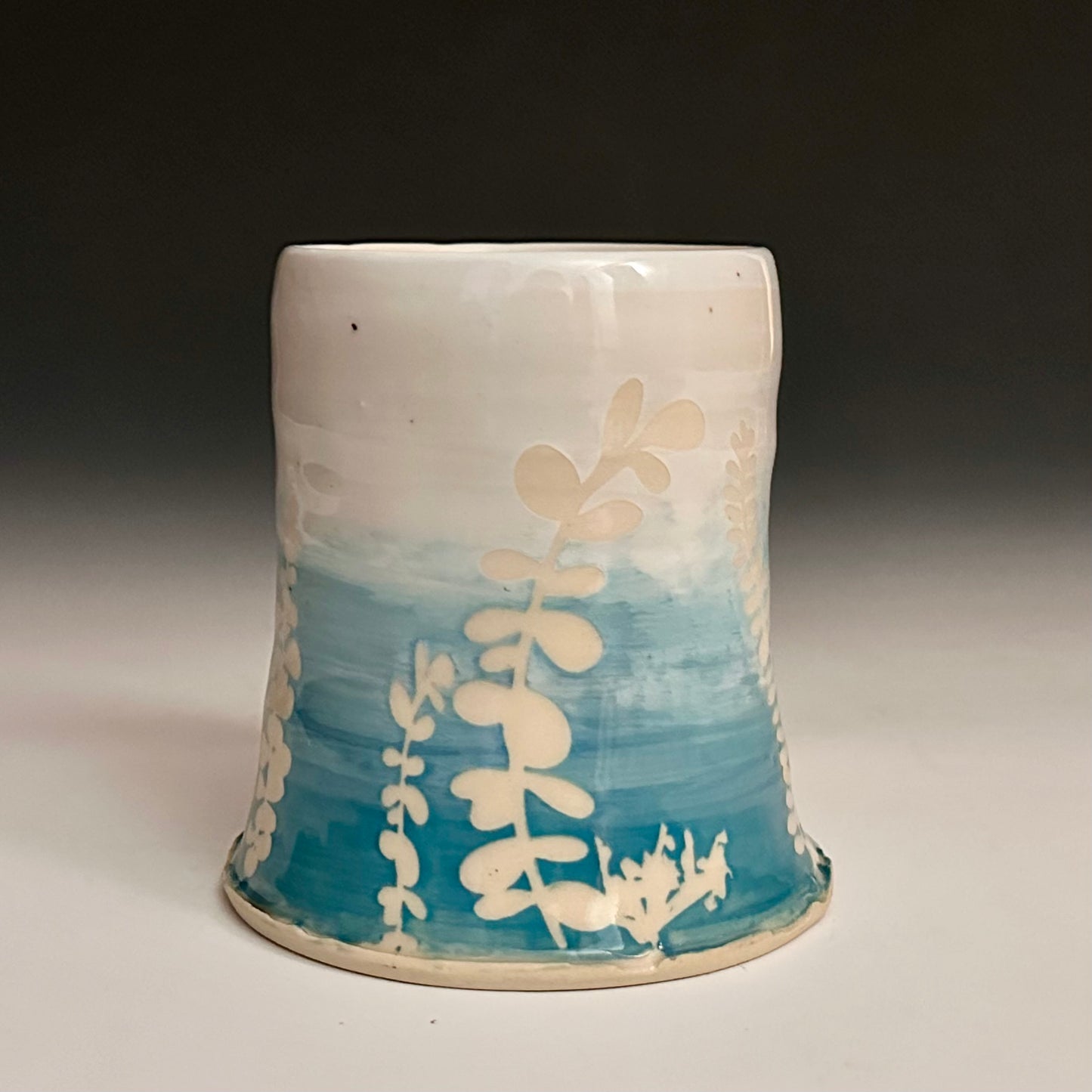 Ceramic Cup Turquoise and White Fern Eucalyptus Moon A2434