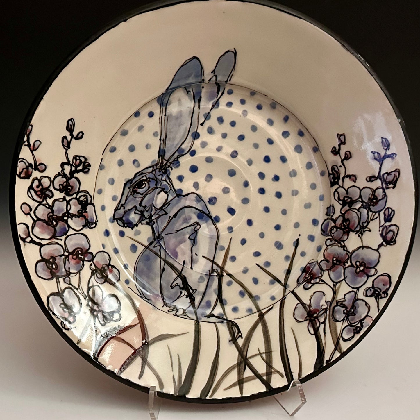 Illustrated Dinner Plate Rabbit Magnolia Dots