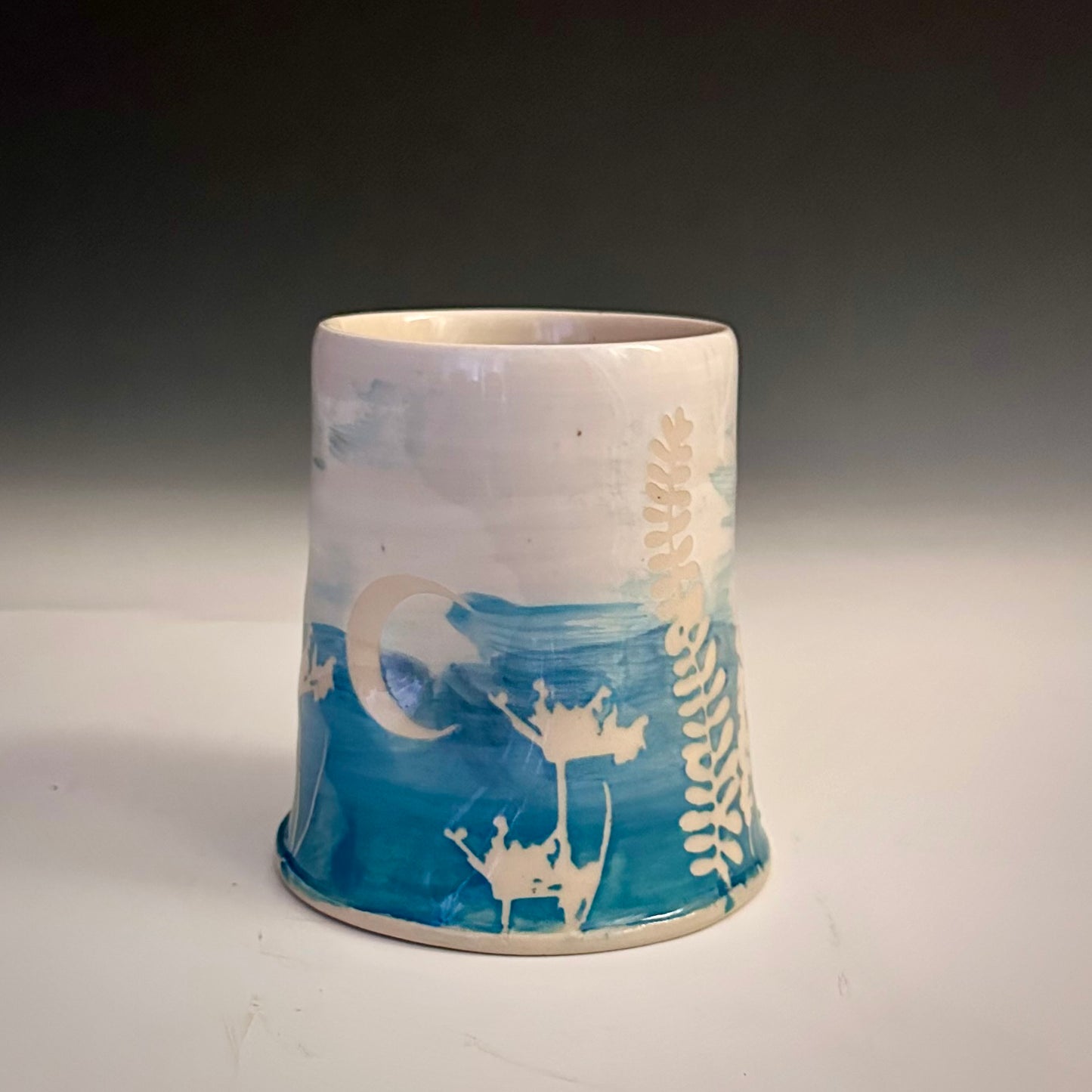 Ceramic Cup Turquoise and White Eucalyptus Fern Dandelion Moon A2407