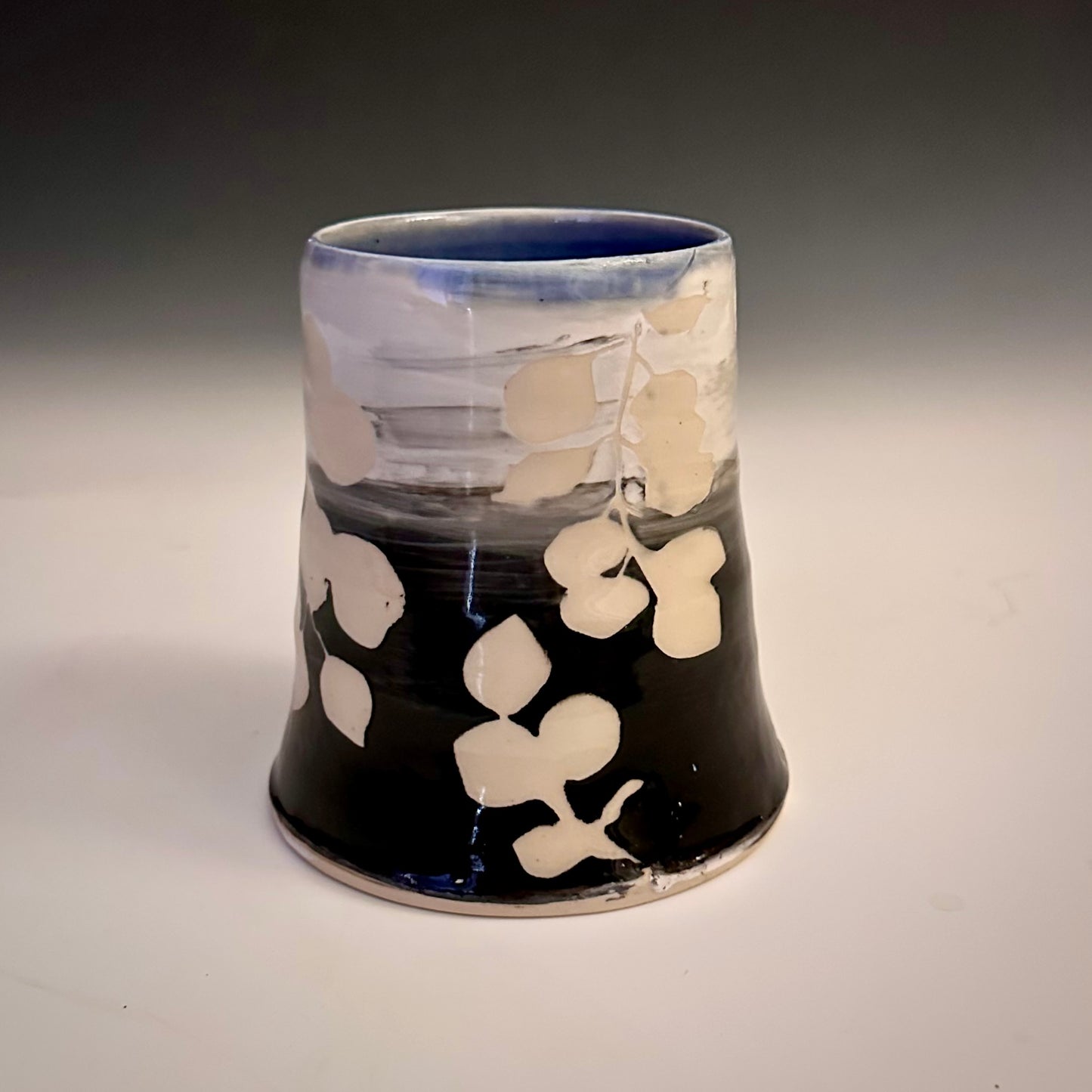 Ceramic Cup Black and White  Aspen Leaves  A2409