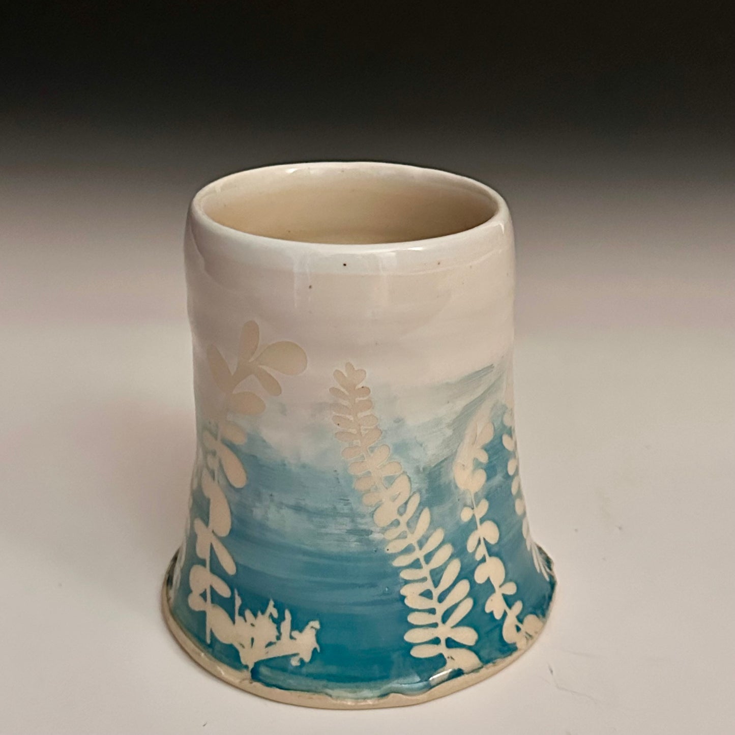 Ceramic Cup Turquoise and White Fern Eucalyptus Moon A2434