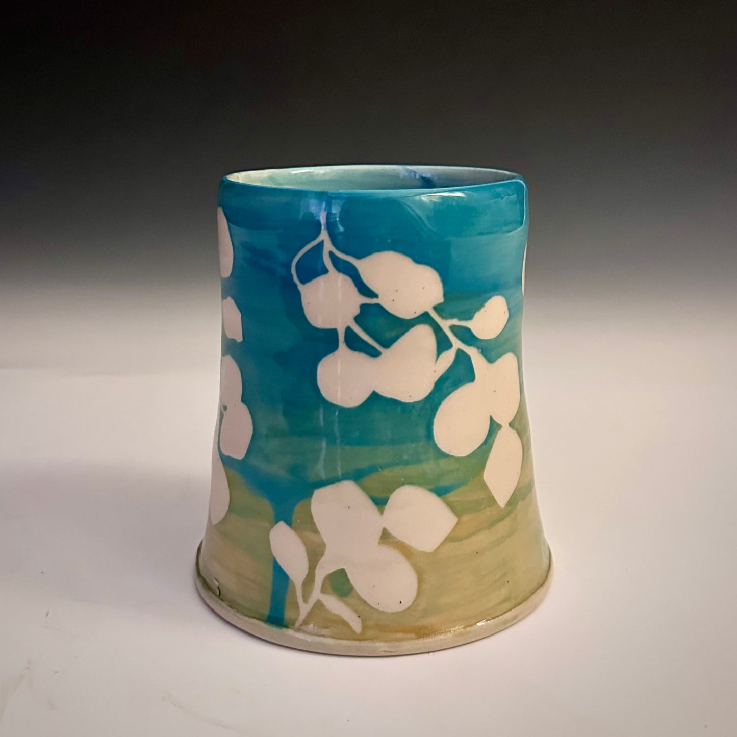 Ceramic Cup Turquoise Yellow Aspen Leaves  A2408