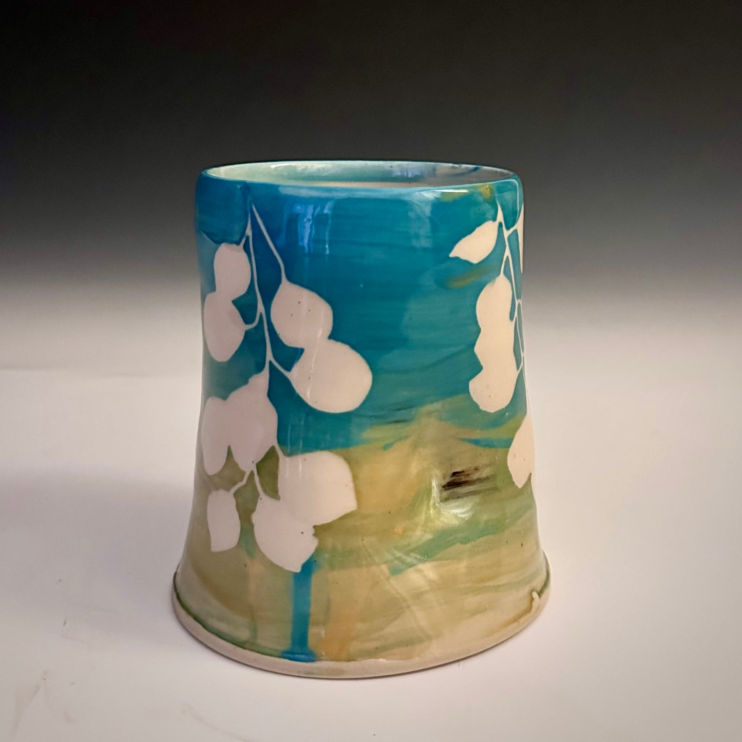 Ceramic Cup Turquoise Yellow Aspen Leaves  A2408