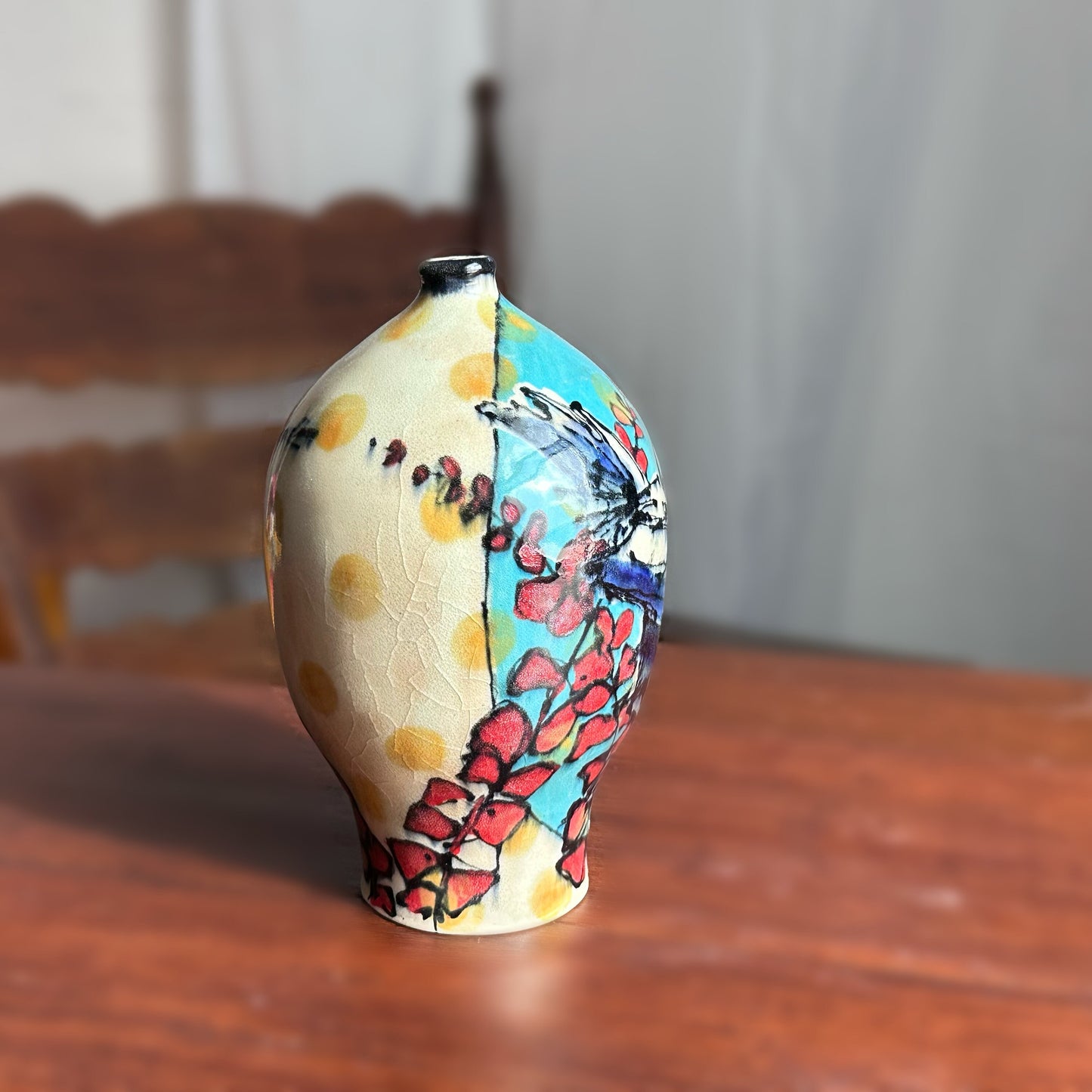 Blue Yellow Illustrated Vase Bird Painted