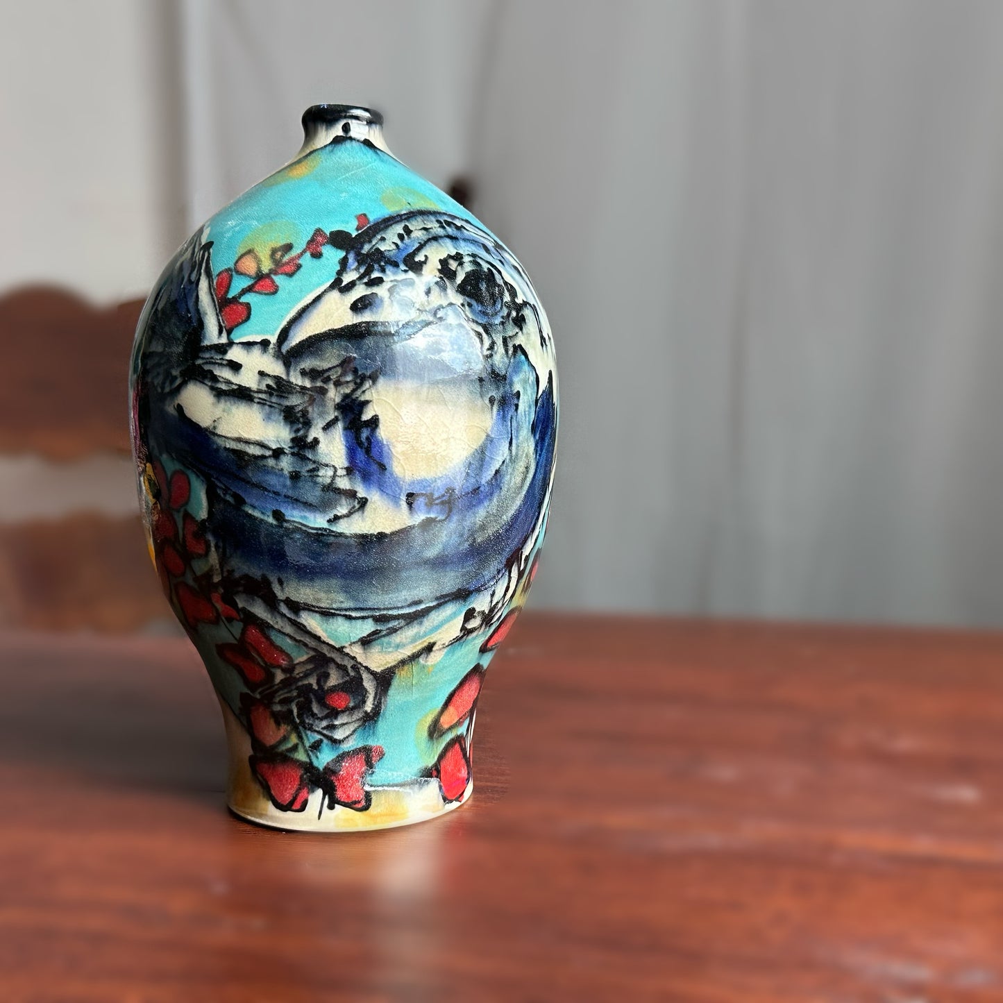 Blue Yellow Illustrated Vase Bird Painted