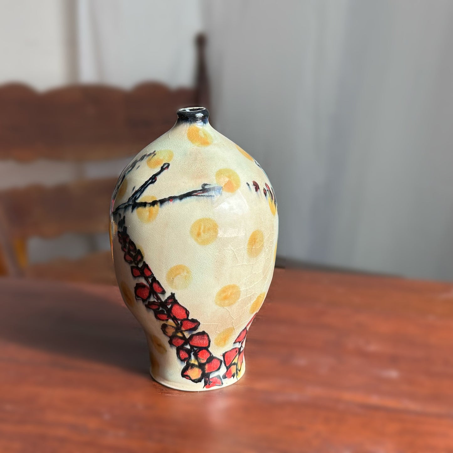 Blue Yellow Illustrated Vase Bird Painted