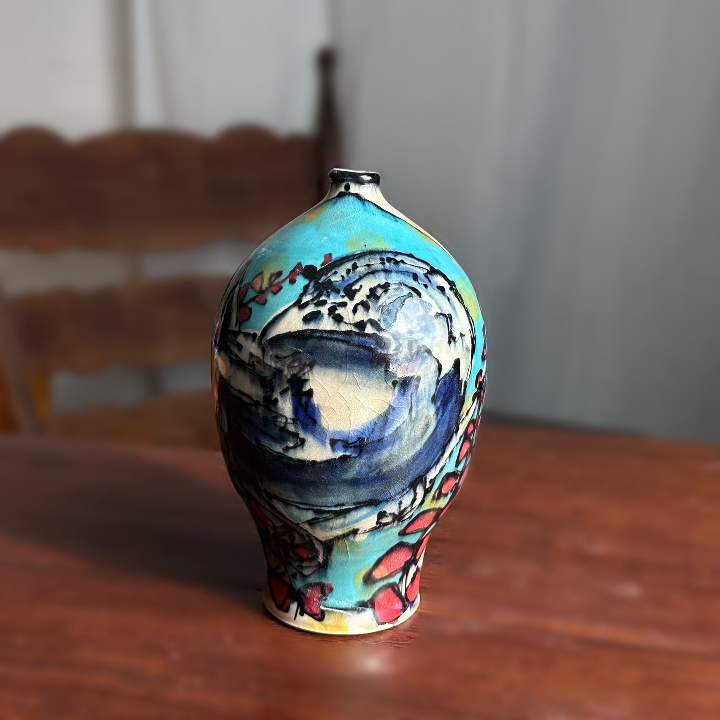 Blue Yellow Illustrated Vase Bird Painted