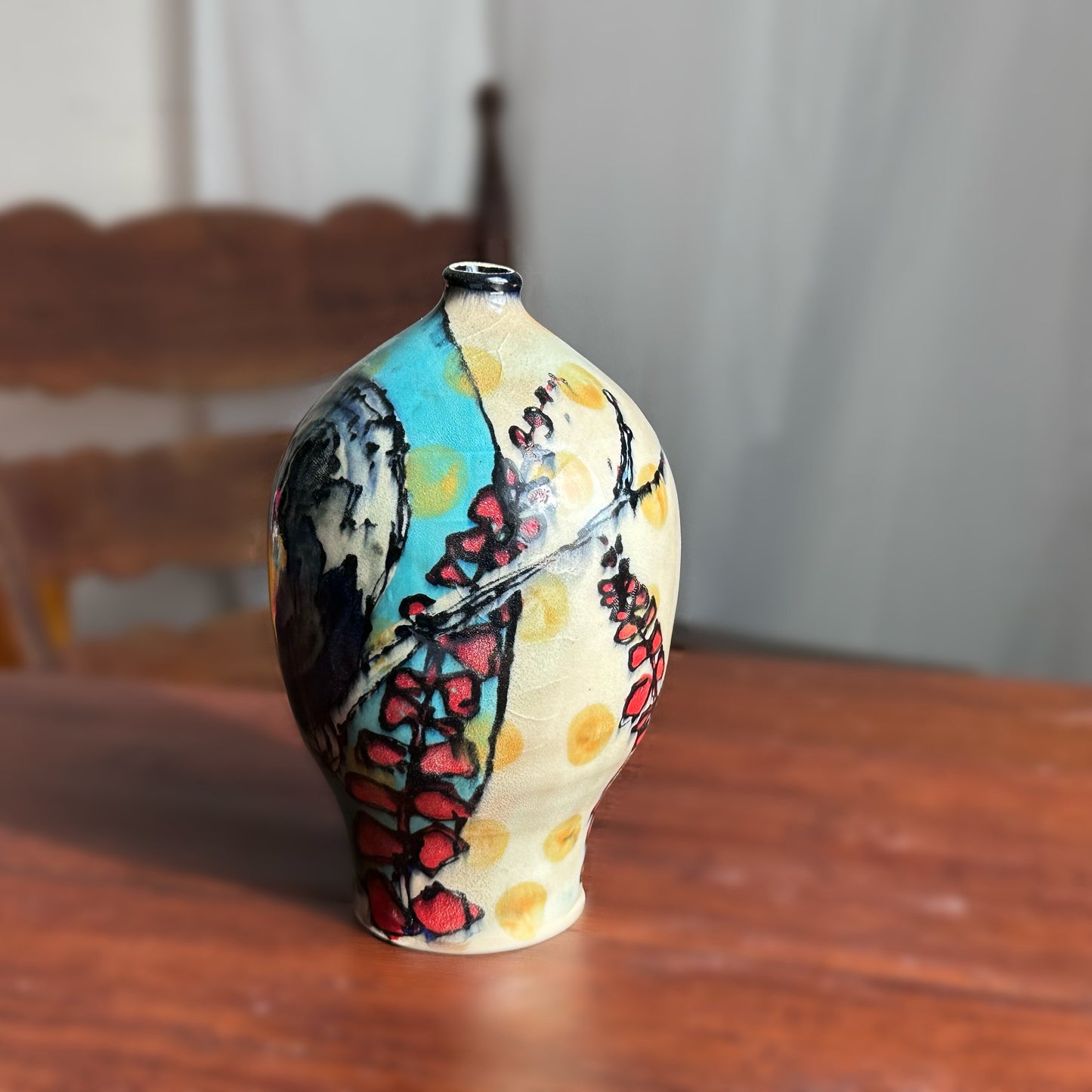 Blue Yellow Illustrated Vase Bird Painted