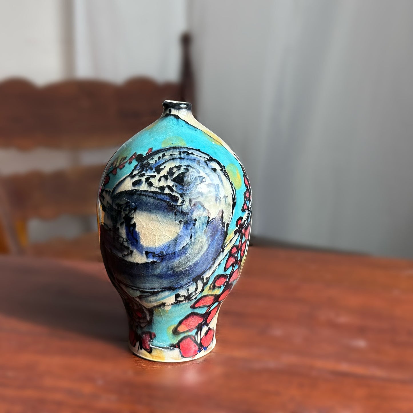 Blue Yellow Illustrated Vase Bird Painted