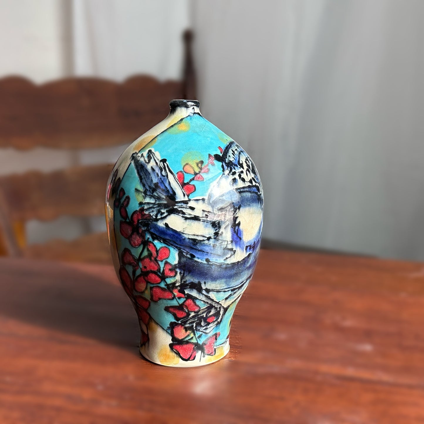 Blue Yellow Illustrated Vase Bird Painted