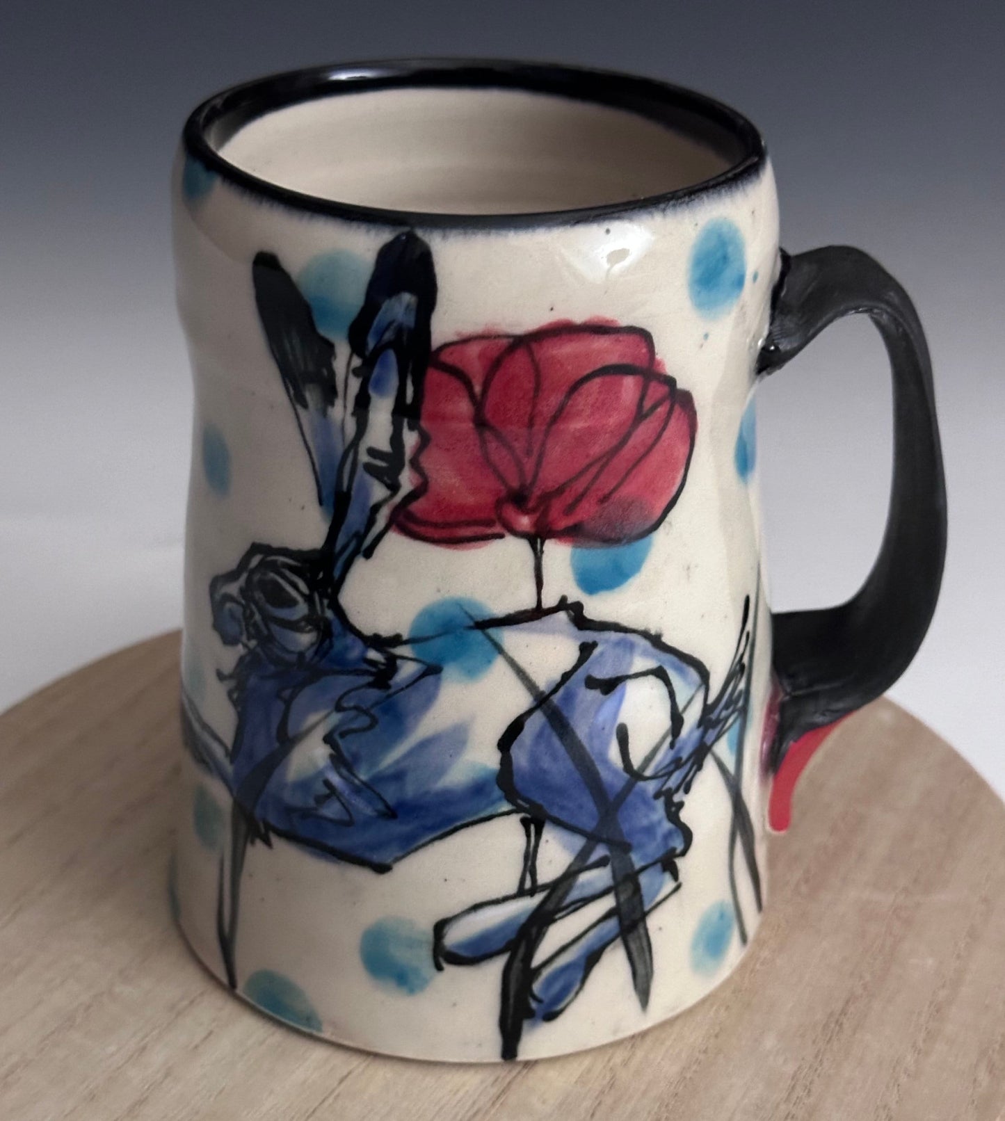 Ceramic Mug Large Coffee Cup Handmade Mug Bunny Mug weasel Poppy Red  Bunny Art Big Mug coffee Cup J2424