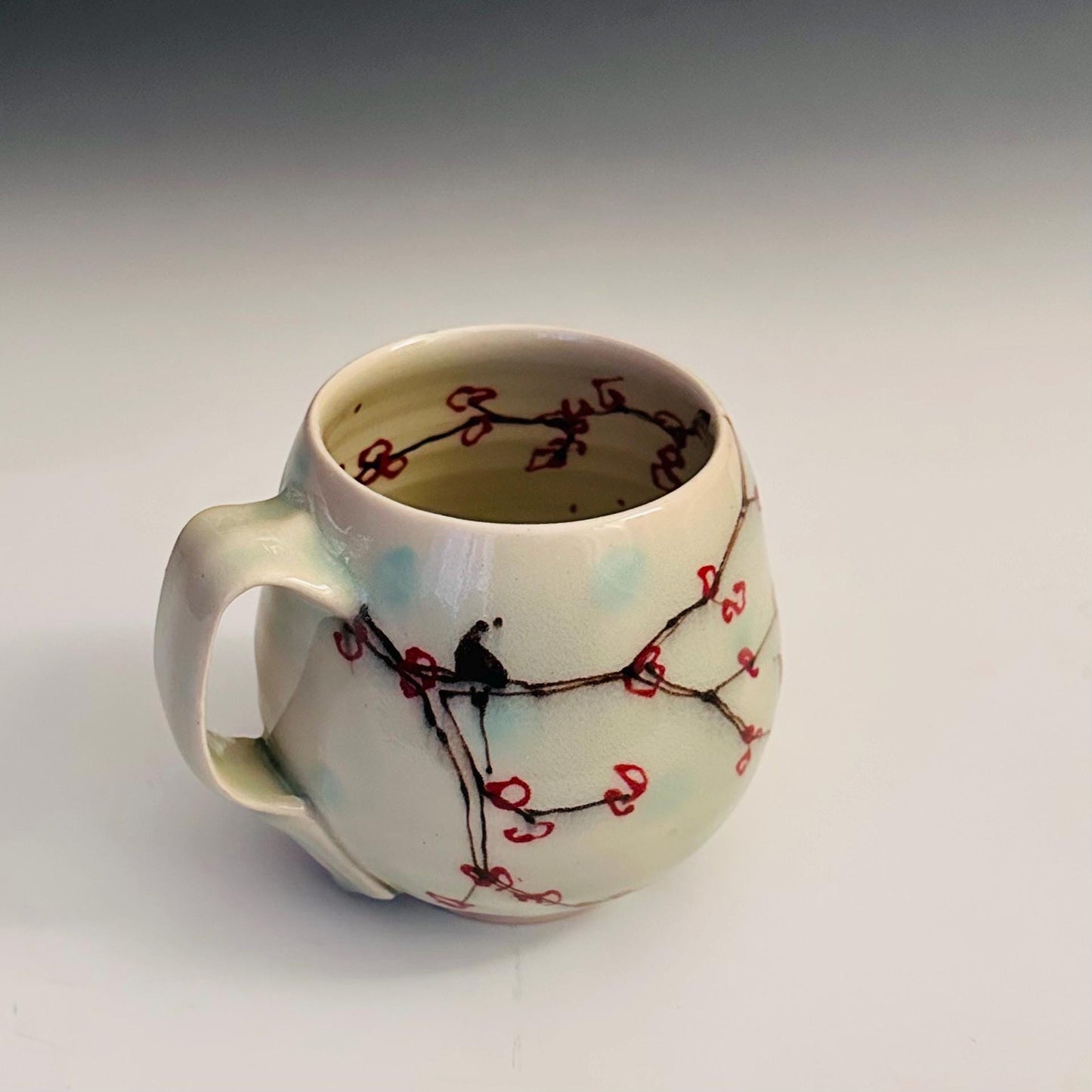 Ceramic Coffee Cup Stoneware Mug Handmade Pottery Mug Cherry Blossom Polka Dots A2413