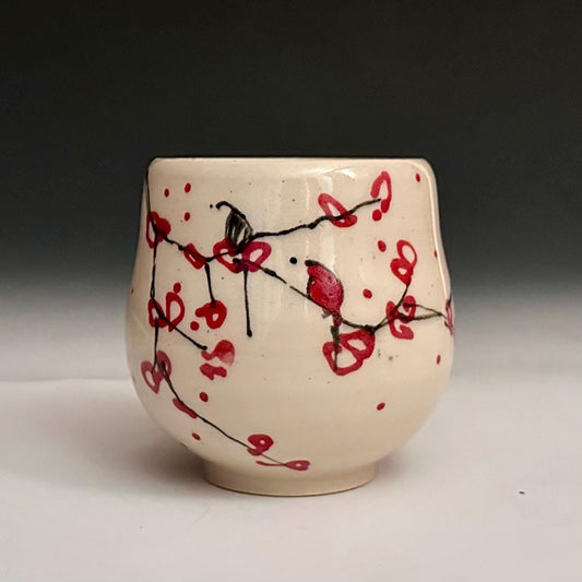 Cherry Blossom Yunomi Handleless Mug Wone Glass Red Flowers A2425