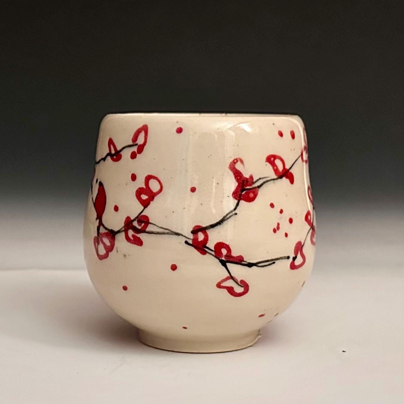 Cherry Blossom Yunomi Handleless Mug Wone Glass Red Flowers A2425