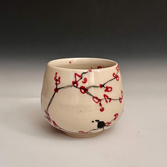 Cherry Blossom Yunomi Handleless Mug Wone Glass Red Flowers A2425