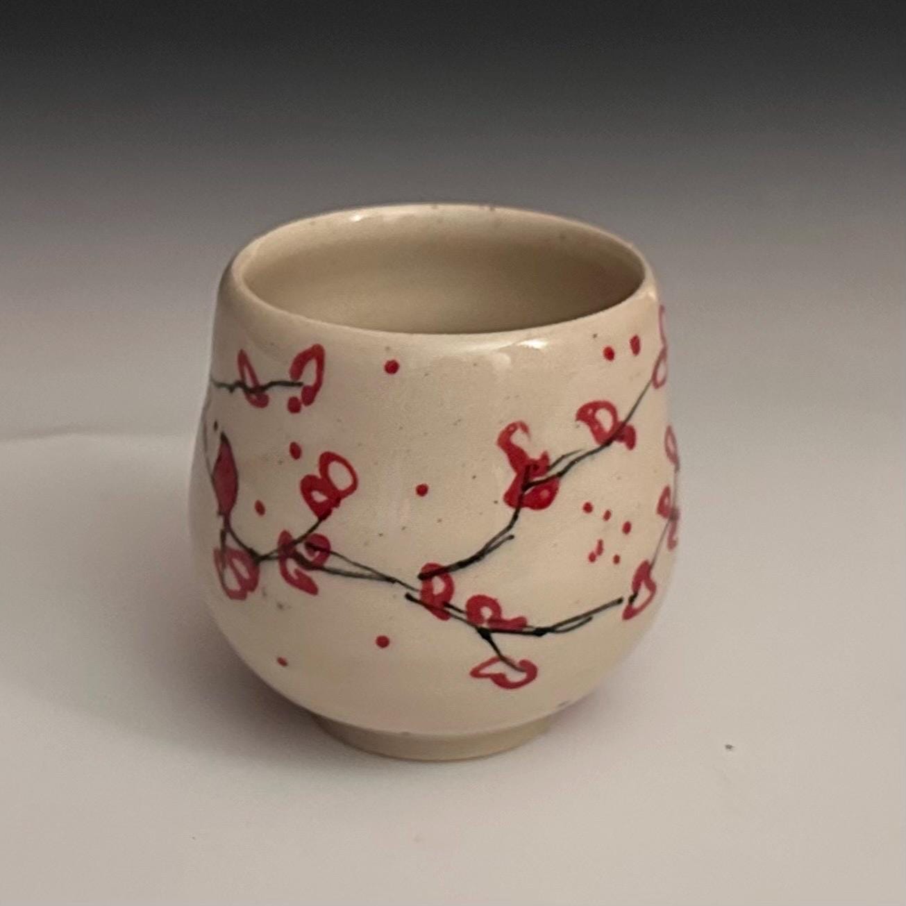 Cherry Blossom Yunomi Handleless Mug Wone Glass Red Flowers A2425