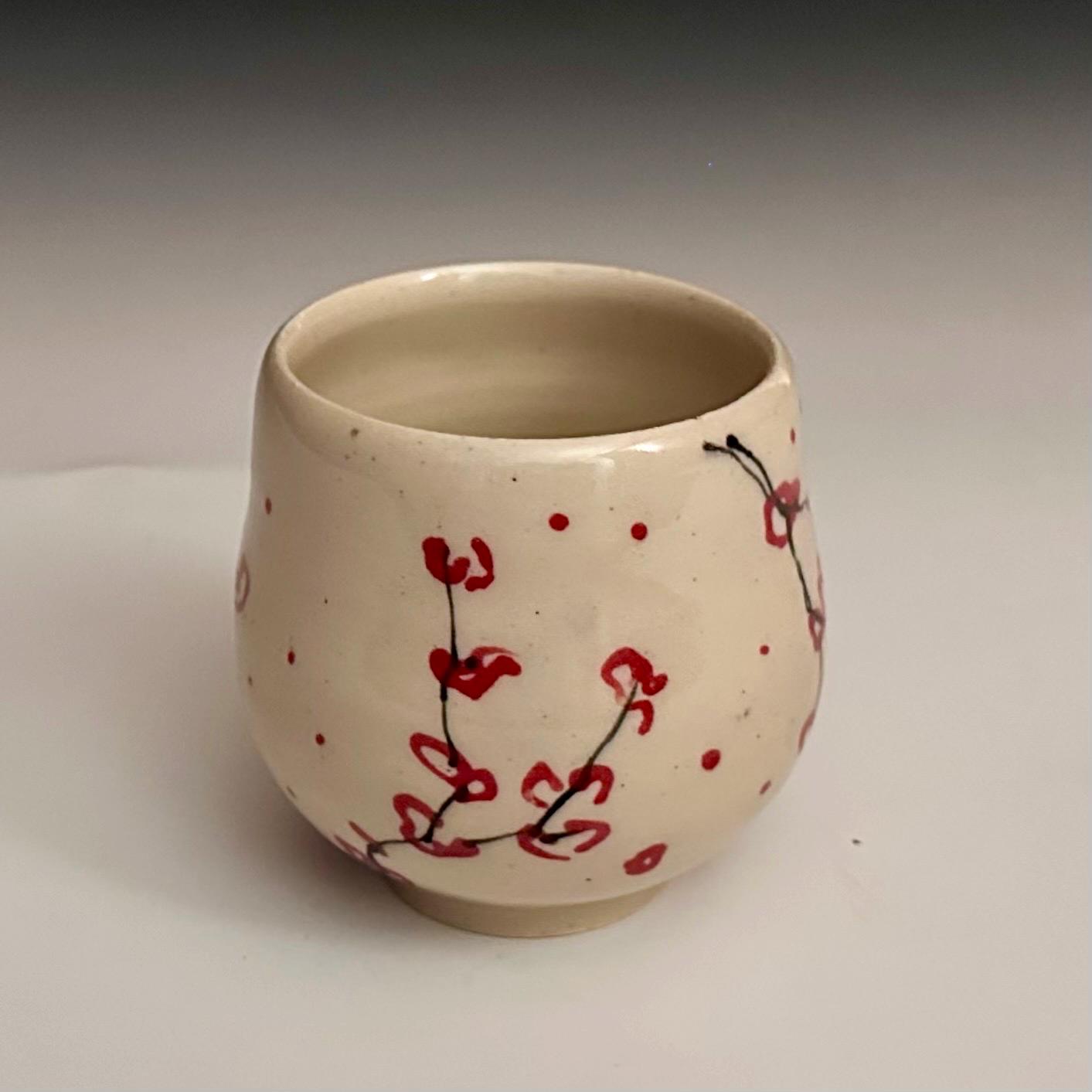 Cherry Blossom Yunomi Handleless Mug Wone Glass Red Flowers A2425