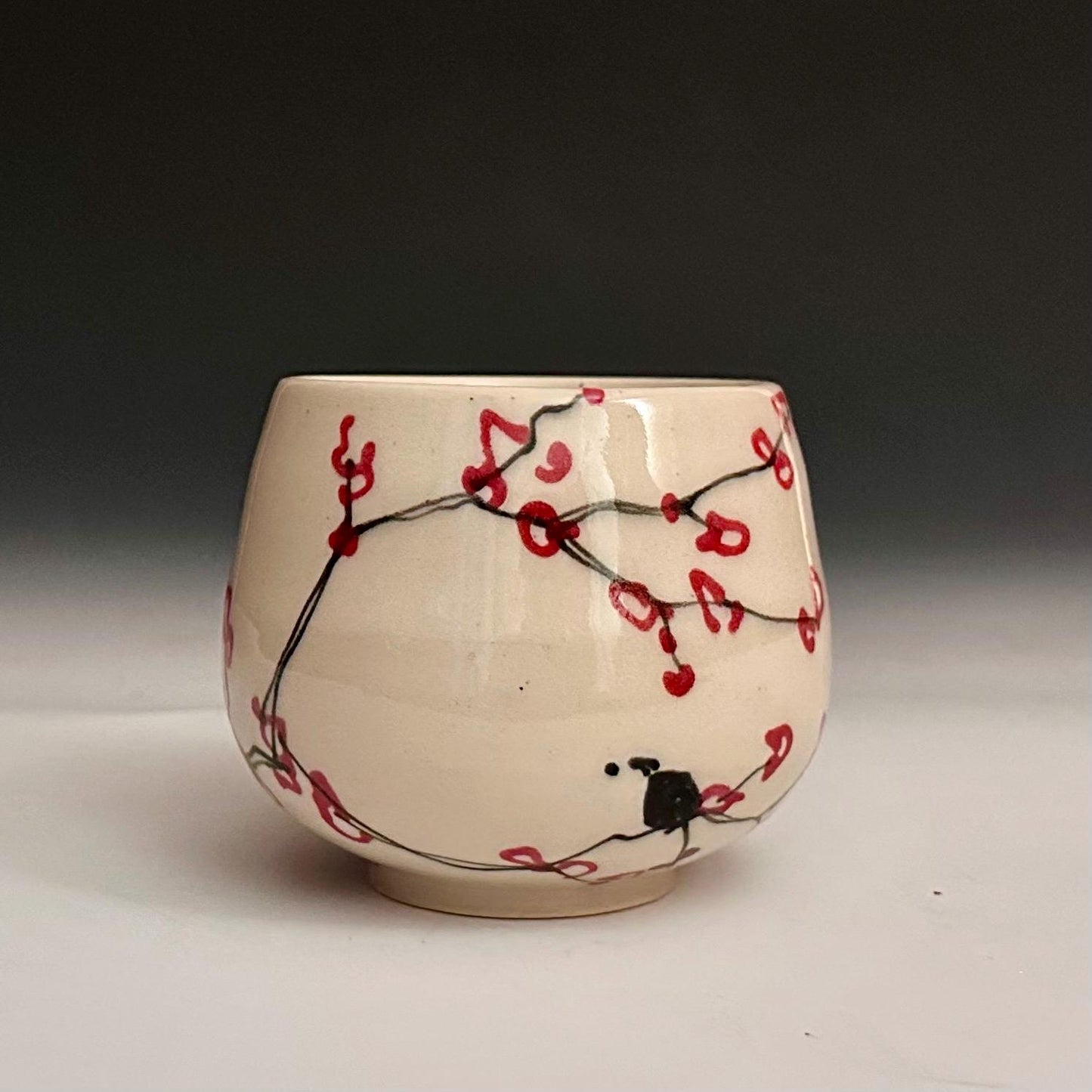 Cherry Blossom Yunomi Handleless Mug Wone Glass Red Flowers A2425