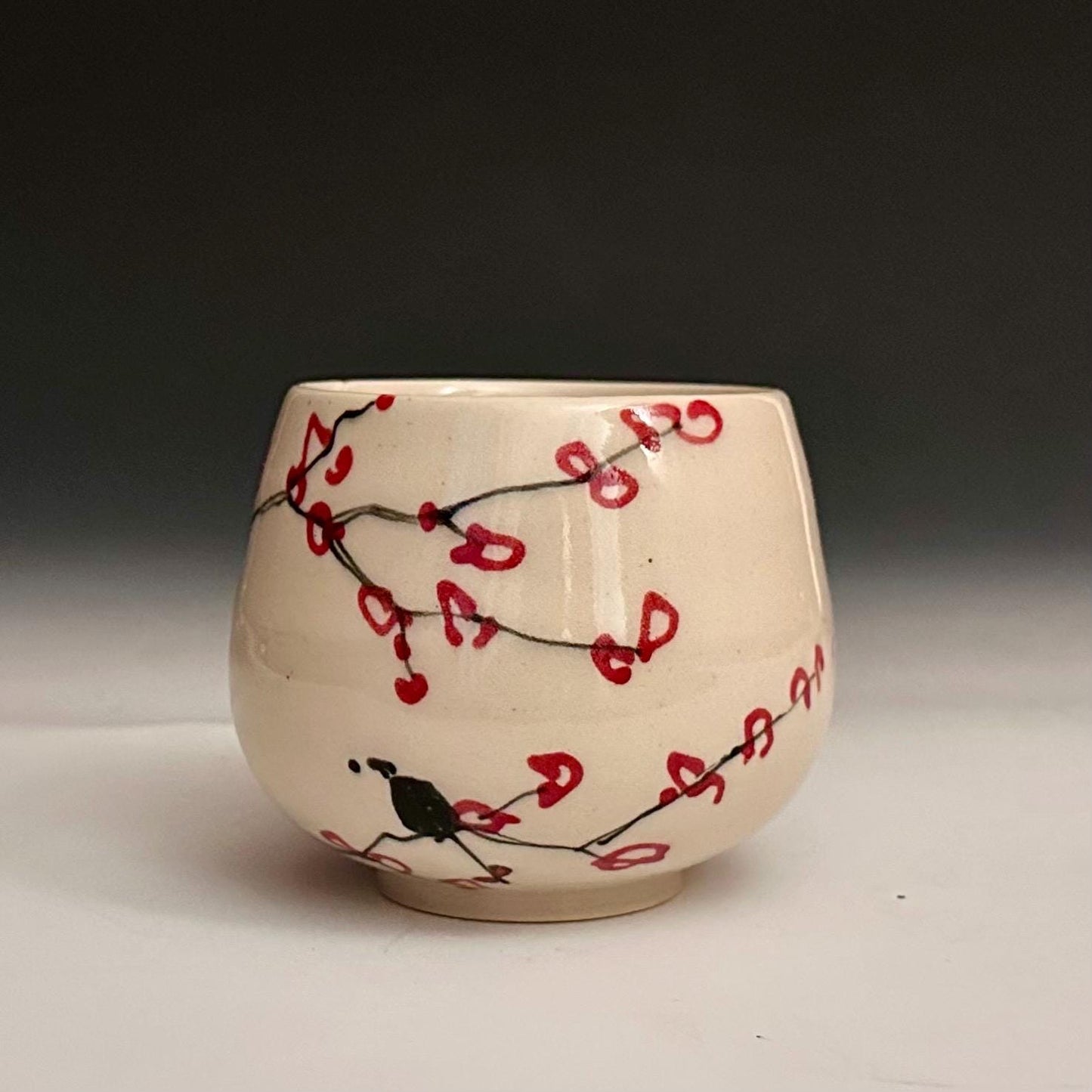 Cherry Blossom Yunomi Handleless Mug Wone Glass Red Flowers A2425